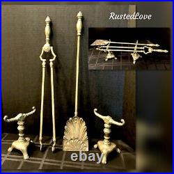 Old Fireplace Tools Solid Brass with Stands / English Lion Footed 4 Pc Set