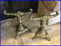 Old Fireplace Tools Solid Brass with Stands / English Lion Footed 4 Pc Set