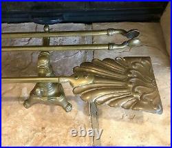 Old Fireplace Tools Solid Brass with Stands / English Lion Footed 4 Pc Set