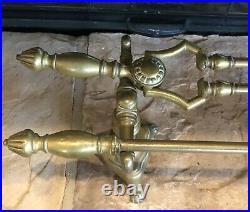 Old Fireplace Tools Solid Brass with Stands / English Lion Footed 4 Pc Set