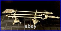 Old Fireplace Tools Solid Brass with Stands / English Lion Footed 4 Pc Set