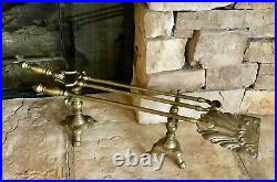 Old Fireplace Tools Solid Brass with Stands / English Lion Footed 4 Pc Set