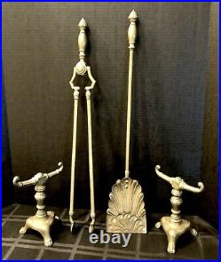 Old Fireplace Tools Solid Brass with Stands / English Lion Footed 4 Pc Set