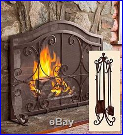 OpenBox Large Crest Flat Guard Fireplace Screen And Tool Set, in Copper finish