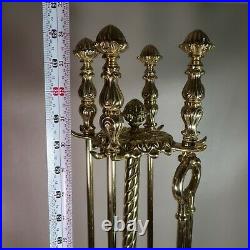 Ornate Antique Fireplace 4 Pc Tool Set SOLID BRASS with Stand Over 20 lbs