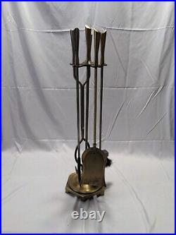 Ornate Brass & Cast Iron 4 Piece Fire Place Tool Set With Stand VTG