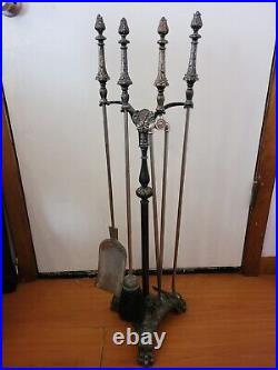 Ornate Brass Iron Fireplace Tool Set 4pc Antique