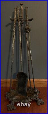 Ornate Brass Iron Fireplace Tool Set 4pc Antique French Rococo Victorian Style