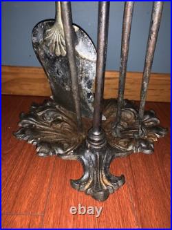 Ornate Brass Iron Fireplace Tool Set 4pc Antique French Rococo Victorian Style
