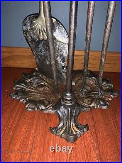 Ornate Brass Iron Fireplace Tool Set 4pc Antique French Rococo Victorian Style
