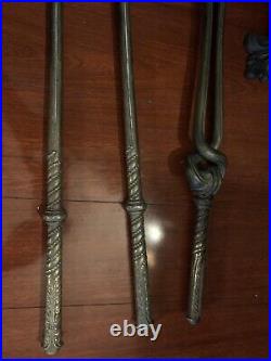 Ornate Brass Iron Fireplace Tool Set 4pc Antique French Rococo Victorian Style