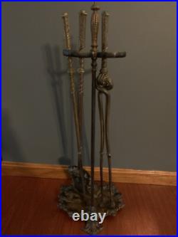 Ornate Brass Iron Fireplace Tool Set 4pc Antique French Rococo Victorian Style