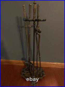 Ornate Brass Iron Fireplace Tool Set 4pc Antique French Rococo Victorian Style