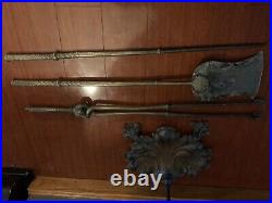 Ornate Brass Iron Fireplace Tool Set 4pc Antique French Rococo Victorian Style