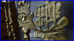 Oscar Bach Sailing Ship Brass Antique Fireplace Tool Set Eagle Top