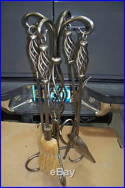 POLISHED STEEL FIREPLACE TOOL SET 5 PIECE STAND & 4 TOOLS