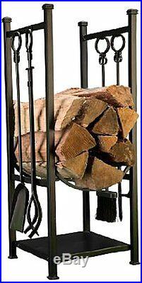 Panacea Log Bin + 4PC Fireplace Tool Set Black Fire Wood Rack Storage Firewood