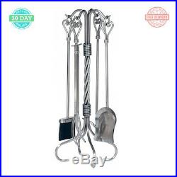 Pewter Fireplace Tool Set Shovel Brush Log Lifter Poker Stand Heart Handles (5)