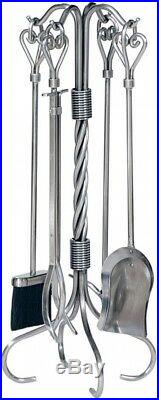 Pewter Fireplace Tool Set Shovel Brush Log Lifter Poker Stand Heart Handles (5)