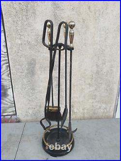 Pilgrim 4 Pc Vintage Fireplace Tool Set Brass Wrought & Cast Iron 31 USA Made
