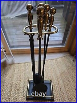 Pilgrim Mid-Century Modern Brass Iron Fireplace Tool Set 4 Peice stand USA Rare