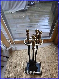 Pilgrim Mid-Century Modern Brass Iron Fireplace Tool Set 4 Peice stand USA Rare