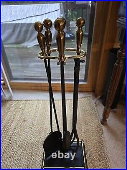 Pilgrim Mid-Century Modern Brass Iron Fireplace Tool Set 4 Peice stand USA Rare