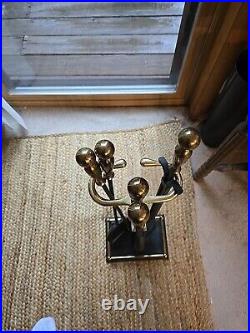 Pilgrim Mid-Century Modern Brass Iron Fireplace Tool Set 4 Peice stand USA Rare