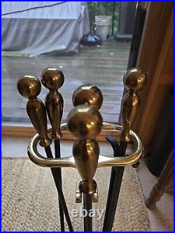 Pilgrim Mid-Century Modern Brass Iron Fireplace Tool Set 4 Peice stand USA Rare