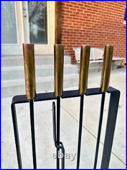 Pilgrim Mid-Century Modern Brass and Iron Fireplace Tool Set 4 Peice with stand