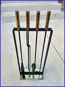 Pilgrim Mid-Century Modern Brass and Iron Fireplace Tool Set 4 Peice with stand