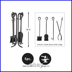 Plow & Hearth 5 Piece Hand Forged Iron Compact Fireplace Tool Set Poker Tongs