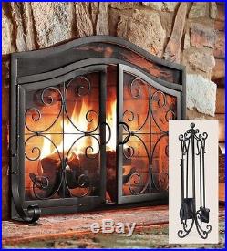 Plow & Hearth Large Crest Fireplace Screen with Doors & Tool Set