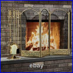 Polished Brass Finish 5-Piece Fireplace Tools Set with Heavy Weight Steel Constr