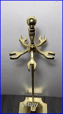 Polished Brass/Gold Metal Fireplace Tools Set with Stand Vintage Style 5 pc