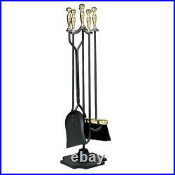 Polished Brass and Black Finish 5-Piece Fireplace Tool Set with Heavy Weight and