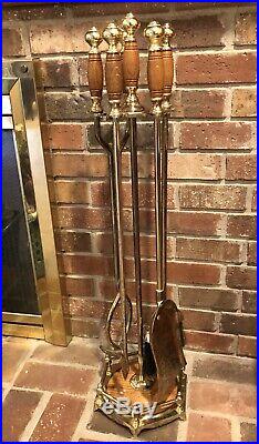 Quality Vintage 4 Four Piece Brass & Wood Fireplace Stove Tool Set, Fire Place