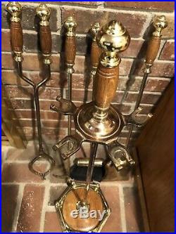 Quality Vintage 4 Four Piece Brass & Wood Fireplace Stove Tool Set, Fire Place