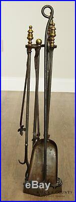 Quality Vintage Set Hand Forged Iron & Brass Fireplace Tools