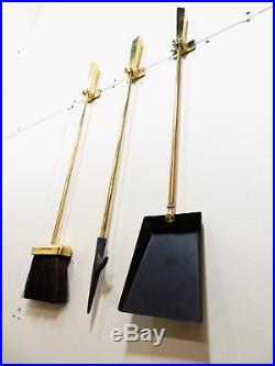 RARE Mid Century MODERNIST SOLID BRASS WALL MOUNT FIREPLACE HANGING TOOL SET