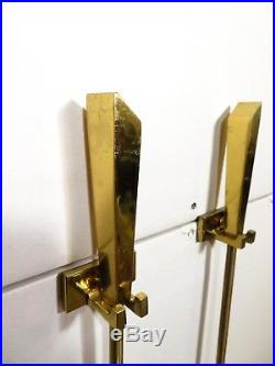RARE Mid Century MODERNIST SOLID BRASS WALL MOUNT FIREPLACE HANGING TOOL SET