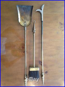 RARE SEASHELL FIREPLACE TOOL SET WITH BRASS/CAST SHELL CLAW FEET ANDIRONS SET