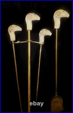 RARE! Vintage Late 1800's English Ram's Head Brass Fireplace Tool Set 4 Pieces