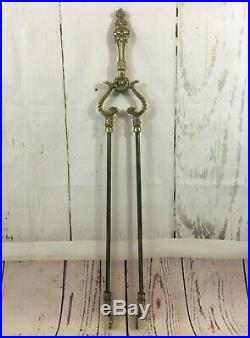 Rare Antique English Solid Brass Fireplace Vintage Tool Set & Wall Mount