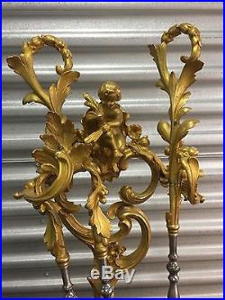 Rare Antique French Guilt Bronze Rococo Andirons/Fireplace Tool Set 1840-1880's