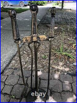 Rare Antique Vintage Fireplace Tool Set HEAVY BRASS BRONZE Handmade Home Decor