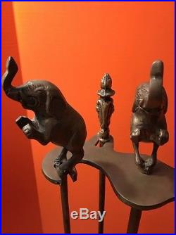 Rare HTF Vtg Brass Elephant Fireplace Tools Set 5 Piece Poker Shovel Broom Iron