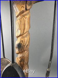 Rare Mid Century Witco Tiki Bar Tribal Carved Wood Fireplace Tool Set