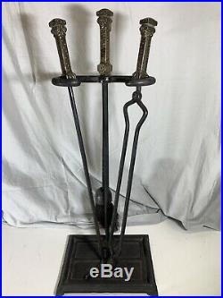 Rare Peerless Antique Hammered Cast Iron Design Fireplace Tools Set #847 4pc
