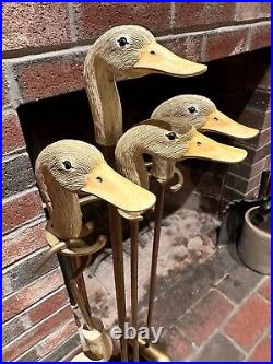 Rare Vintage 5-pc Brass Fireplace Tool Set cast DUCK Head Grips Handles